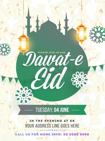Dawat-E- Eid Flyer or Template Design with Details for Muslim Community Festival Celebration.