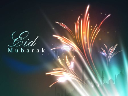 Mezquita de siluetas con coloridos fuegos artificiales explosivos en el Festival de la Comunidad Musulmana Noche Eid Mubarak.