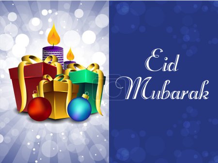 Muslimisches Gemeindefest, Eid Mubarak-Festkonzept mit erleuchteten Kerzen, Geschenkschachteln, Bauble auf blauem Hintergrund mit Lichteffekt.