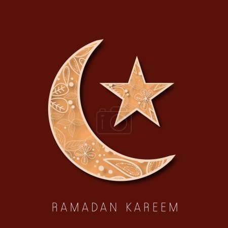 Beautiful Floral Moroccan Paper Crescent Moon with Star on Brown Background for Islamic Festival of Ramadan Kareem. Greeting Card Design.