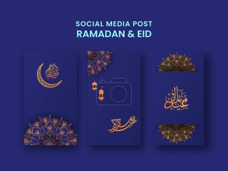 Beautiful Arabic Language Calligraphy of Ramadan & Eid Social Media Post Card or Template Collection in Golden and Violet Color.