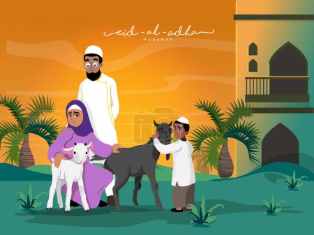 Islamic Festival Eid-Al-Adha Mubarak Concept with Muslim Family Holding Goats In Front Of Their House.