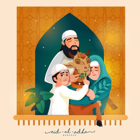 Festival islamique du sacrifice, concept de moubarak de l'Aïd-Al-Adha avec une famille musulmane tenant une chèvre.