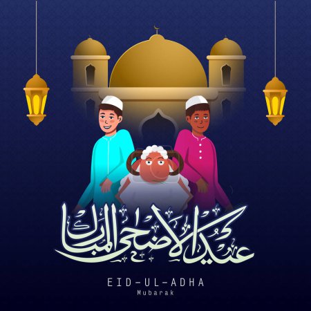 Sticker Style Arabic Calligraphy of Eid-Ul-Adha with Two Young Muslim Boys, Sheep, Lanterns Hang on Golden Mosque, Islamic Pattern Blue Background.