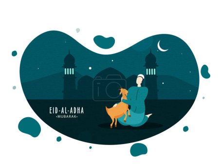 Festival islamique Eid-Al-Adha Moubarak, Illustration d'un homme musulman de bande dessinée tenant une chèvre avec une mosquée en silhouette et un croissant de lune sur fond de sarcelle sombre abstraite.