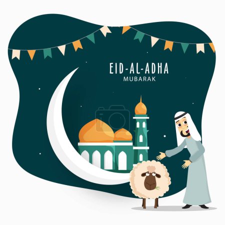 Eid-Al-Adha Mubarak Islamic Festival mit Halbmond, Moschee und fröhlichem Araber, der Karikaturen von Schafen auf abstraktem Dark Teal Hintergrund zeigt.