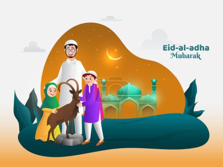 Illustration of happy family in front of mosque with goat on Eid-Al-Adha Mubarak. Creative poster or banner design.
