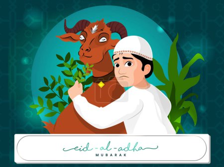 Young Muslim Boy Feeding Grass To Goat For Eid-Al-Adha Mubarak Concept.