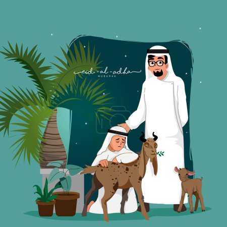 Arab Man with His Son Character, Goats Animal and Plant Pots Decorated Background For Eid-Al-Adha Mubarak.