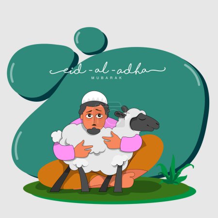 Eid-Al-Adha Mubarak Concept with Muslim Young Man Holding Cartoon Sheep Over Turquoise and White Abstract Background.
