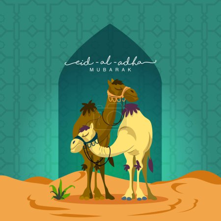 Eid-Al-Adha Mubarak Concept with Cartoon Two Camel Over Desert View and Green Islamic Pattern Background.