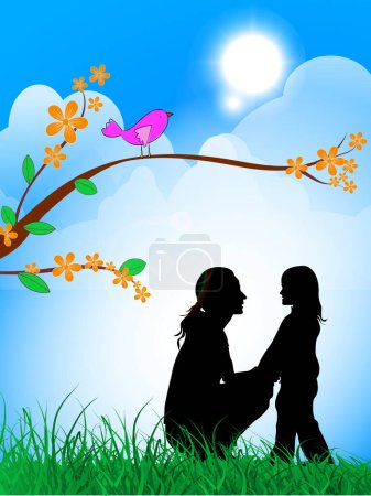 Happy Mother's Day Celebration Concept with Silhouette of a mother and her daughter on garden at sunset.