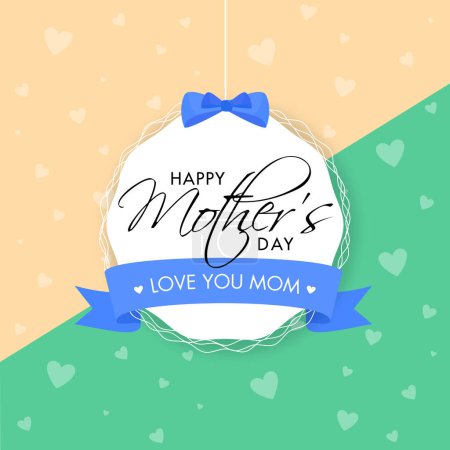 Happy Mother Day Celebration Concept with Love You Mom Message Tag Hang on Yellow and Green Hearts Pattern Background.