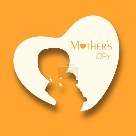 Mother's Day Greeting Card Design with Silhouette of mother holding baby in the sling on yellow and white hearts background.