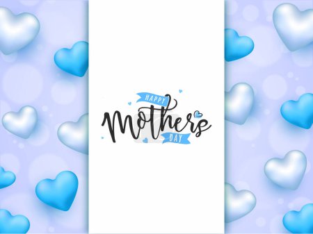 Happy Mother's Day Poster or Greeting Card with Glossy Hearts Decorated on Pastel Blue Bokeh Background.