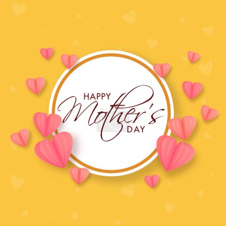 Happy Mother's Day Greeting Card or Frame Decorate with Paper Cut Heart Shapes on Yellow Background.