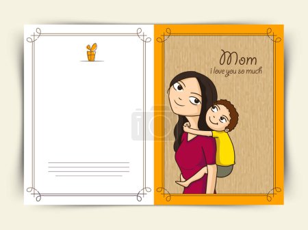 Téléchargez les illustrations : Joyeuse carte de vœux de la fête des mères avec l'illustration d'une jeune mère portant son petit garçon sur son dos. - en licence libre de droit
