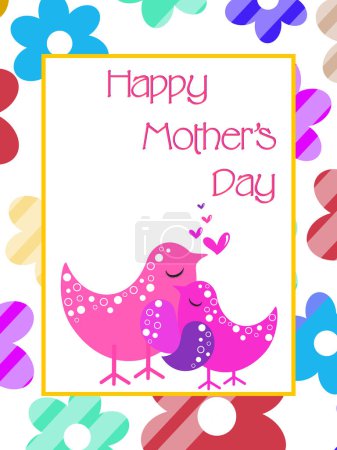 Happy Mother's Day Greeting Card or Template Design with Loving Mother Bird and Her Child in Colorful Flower Decorated on Background