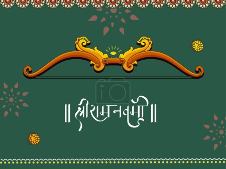 Shri Ram Navami (Geburtstag von Lord Rama) Grußkarte mit Bogenbogen auf grünem Hintergrund.
