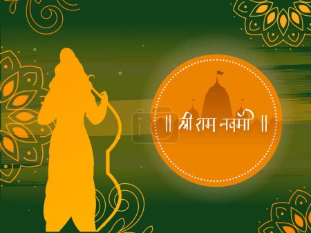 Shri Ram Navami (Cumpleaños del Señor Rama) Tarjeta de felicitación con silueta amarilla Mitología hindú Señor Rama y Mandala decorado sobre fondo verde.