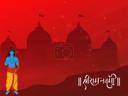 Shri Ram Navami (Birthday of Lord Rama) Greeting Card with Hindu Mythological Lord Rama Character on Red Silhouette Ayodhya or Temple Background.