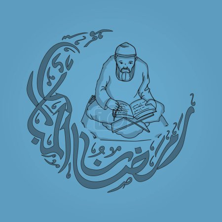 Islamic holy month of prayers, Ramadan Kareem concept with illustration of a Muslim Man reading religious book Quran Shareef and calligraphic text in moon shape on Blue background.