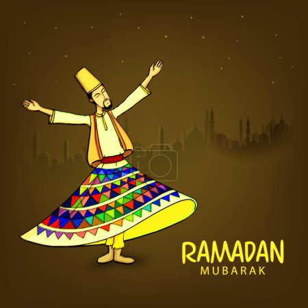 Téléchargez les illustrations : Derviche tourbillonnant exécutant la danse religieuse sur fond de silhouette de la mosquée pour le mois saint de prières célébrations Ramadan Kareem
. - en licence libre de droit