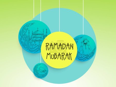 Set of different creative Islamic elements in colourful circles for Holy Month of Muslim Community, Ramadan Mubarak celebration.
