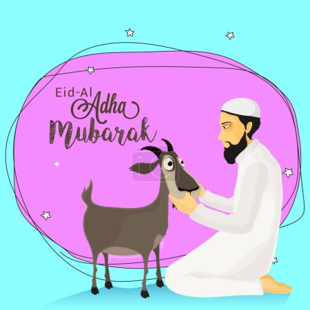 Illustration of a Islamic Man in Traditional Outfit with Goat for Muslim Community, Festival of Sacrifice, Eid-Al-Adha Mubarak.