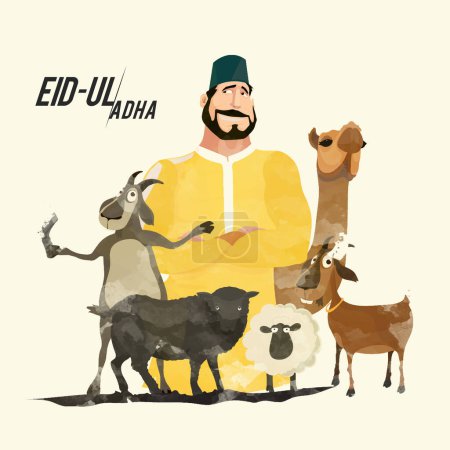 Ilustración de Carnicero con Animales para Comunidad Musulmana, Festival del Sacrificio, Celebración de Eid-Ul-Adha
.