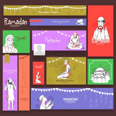 Social media header or banner set with Islamic elements for holy month of Muslim community, Ramadan Kareem celebration.