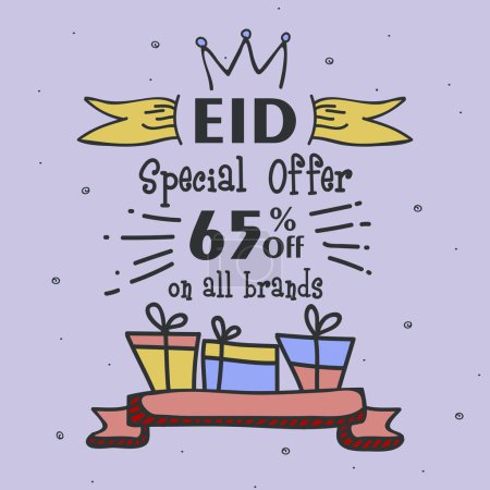 Téléchargez les illustrations : Offre spéciale Aïd Vente, Brillant fond de vente, 65 % de rabais sur toutes les marques pour la célébration du festival islamique. - en licence libre de droit