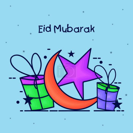 Foto de Elegante diseño de tarjeta de felicitación decorada con luna creciente, estrella y regalos para el Festival Islámico Famoso, celebración de Eid Mubarak. - Imagen libre de derechos