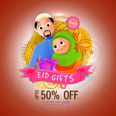 Téléchargez les illustrations : Affiche de vente de l'Aïd, économisez jusqu'à 50 % avec Illustration de la belle famille islamique. - en licence libre de droit