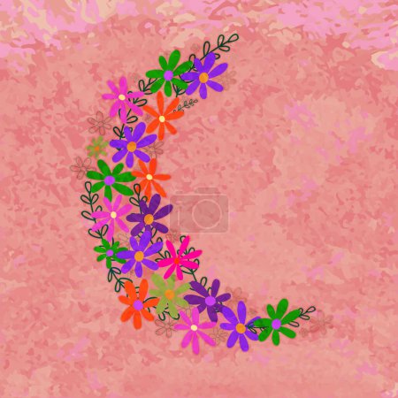 Luna creciente creativa hecha por flores de colores sobre fondo grueso para el concepto de celebración de festivales islámicos.