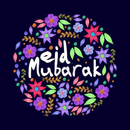 Eid Mubarak Greeting Card with Beautiful Flower Decorated on Blue Background.