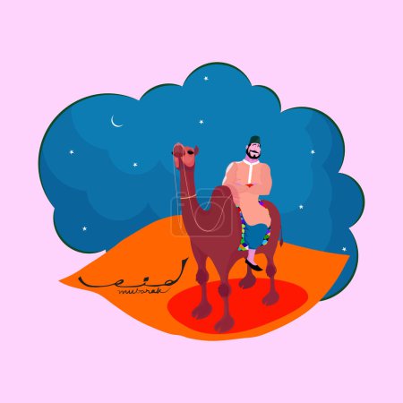 Hombre musulmán feliz montando camello y viendo la luna en la noche del Festival Eid Mubarak, ilustración vectorial creativa para la celebración del Festival Islámico
