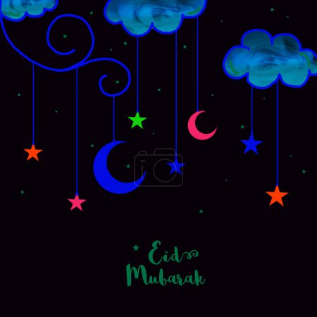 Foto de Elegante diseño de tarjeta de felicitación decorada con lunas crecientes y estrellas colgadas de nubes para el Festival Sagrado Islámico, celebración de Eid Mubarak
. - Imagen libre de derechos