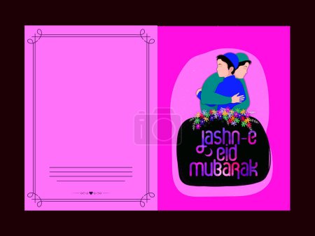 Illustration for Beautiful Greeting Card with Islamic People hugging and wishing to each others on occasion of Jashn-E-Eid Mubarak. - Royalty Free Image