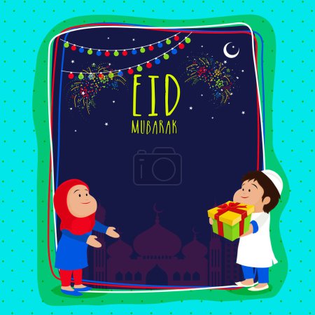 Foto de Elegante diseño de tarjetas de felicitación con ilustración de linda pareja islámica en el fondo de silueta de la mezquita para el Festival Sagrado de la Comunidad Musulmana, celebración de Eid Mubarak
. - Imagen libre de derechos