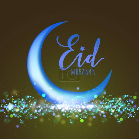 Shiny Blue Crescent Moon on Olive Green Background for Muslim Community Festival, Eid Mubarak Celebration.