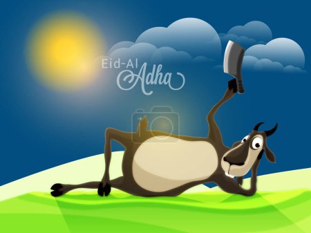 Illustration of a Funny Goat holding a Chopper on Nature background for Muslim Community, Festival of Sacrifice, Eid-Al-Adha Celebration.