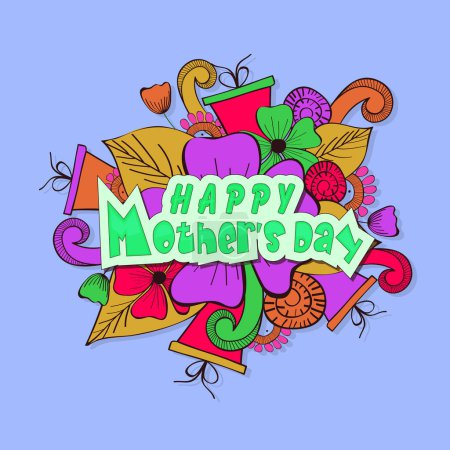 Foto de Cartel o pancarta del día de la madre feliz con flores coloridas y regalos en el fondo azul cielo. - Imagen libre de derechos