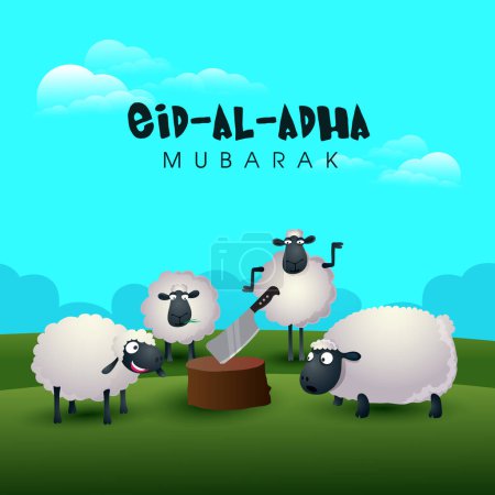 Communauté musulmane, Festival du sacrifice, Célébration de l'Aïd-Al-Adha avec illustration des moutons et du bloc du boucher sur fond nature, Illustration vectorielle
