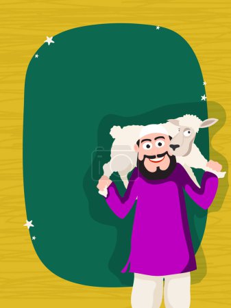Mann mit Schafen zum Eid-Al-Adha-Fest. Glücklicher islamischer Mann, der ein Schaf auf der Schulter trägt, mit leerem Rahmen für die muslimische Gemeinschaft, Opferfest, Eid-Al-Adha-Fest. Design von Vektor-Grußkarten.