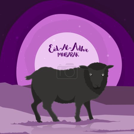Vector cartoon of black Sheep on Desert background for Muslim Community, Festival of Sacrifice, Eid-Al-Adha Mubarak.