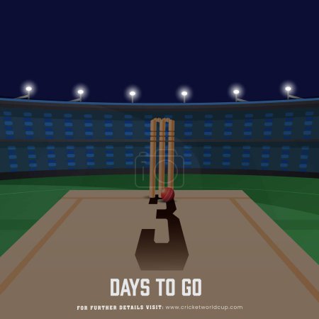 Ilustración de T20 Cricket Match 3 Día para ir basado en el diseño de póster con tiro de cerca de muñón de mimbre con bola roja en el estadio. - Imagen libre de derechos