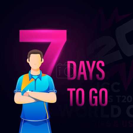 Illustration for T20 Cricket Match 7 Day To Go Based Poster Design with Faceless Indian Cricketer Player Character on Dark Background. - Royalty Free Image