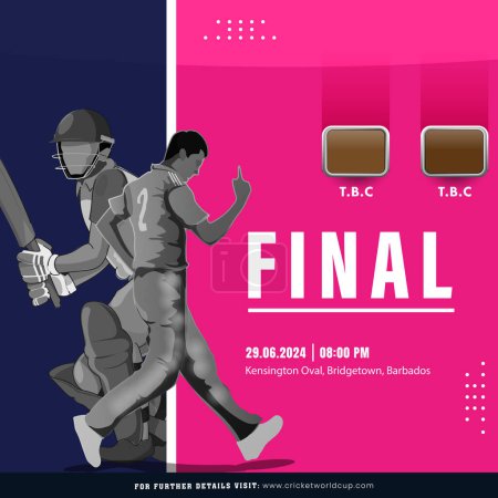 Foto de Diseño de póster basado en partido de críquet final T20 con personaje de jugadores de críquet en fondo rosa y azul. - Imagen libre de derechos