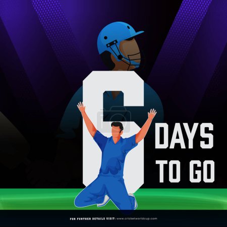 Illustration for T20 Cricket Match 6 Day To Go Based Poster Design with Indian Bowler or Fielder Player Character in Winning Pose. - Royalty Free Image